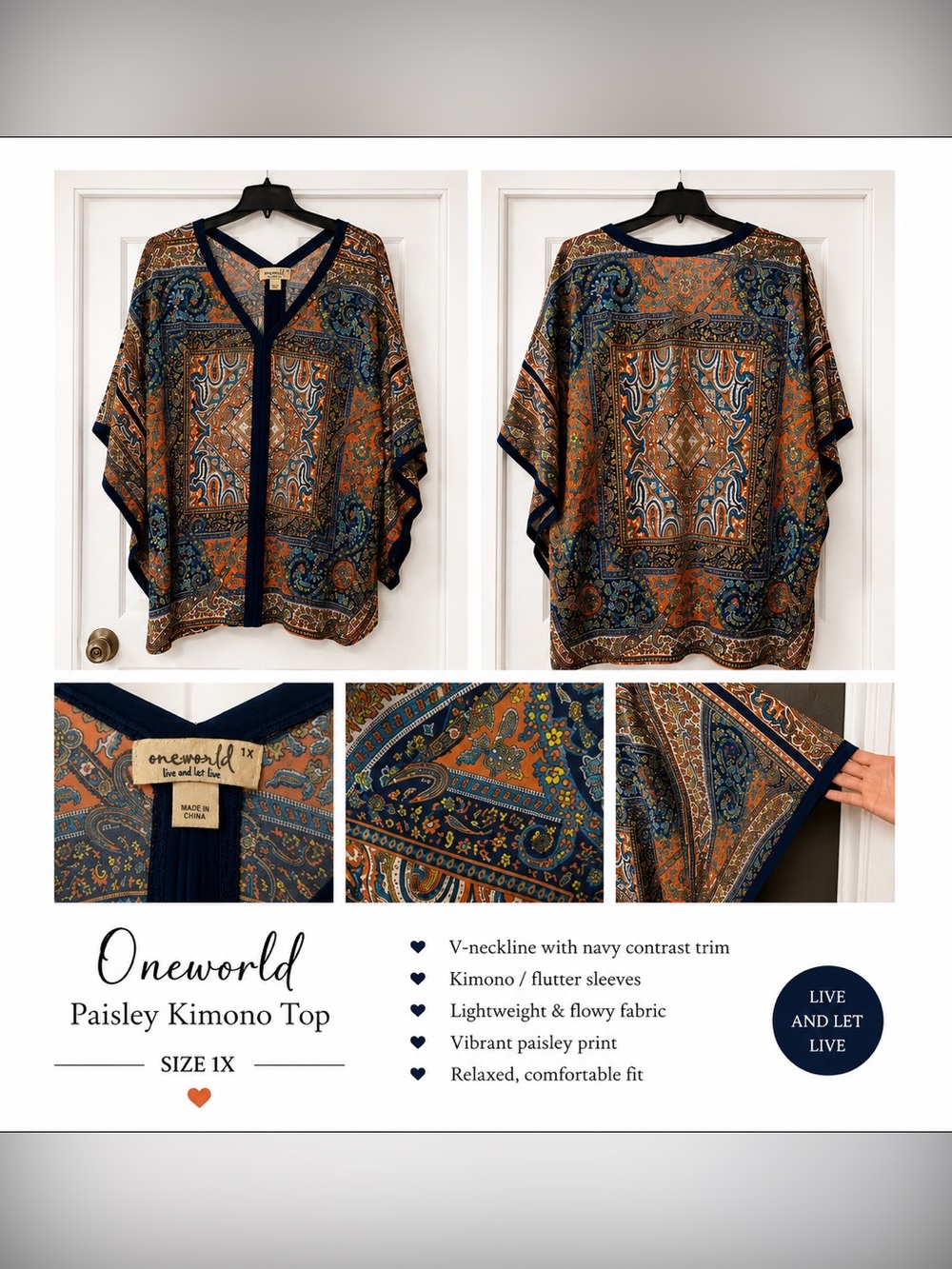 ONE WORLD Navy, Orange & Green Paisley Kimono Top